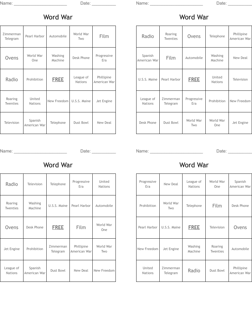 Word War Bingo Cards