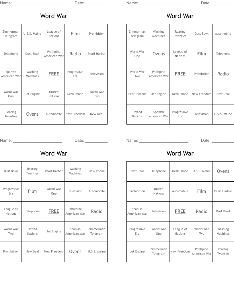 Word War Bingo Cards