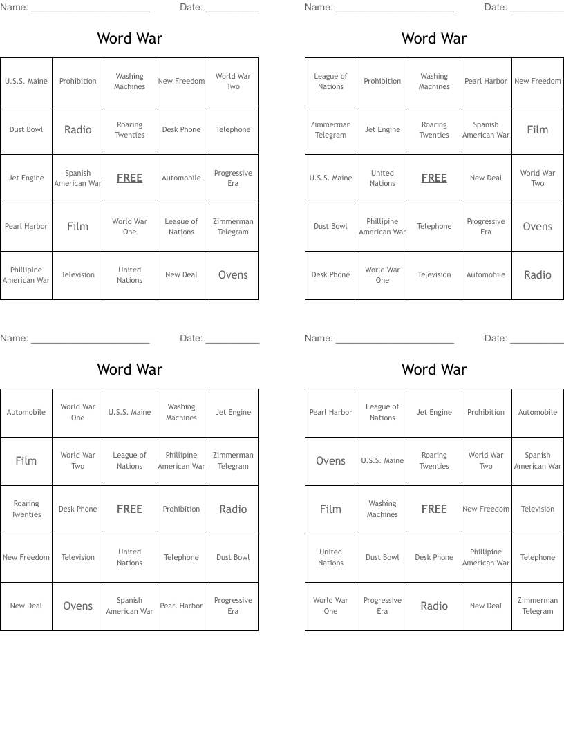Word War Bingo Cards