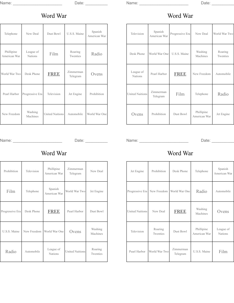 Word War Bingo Cards
