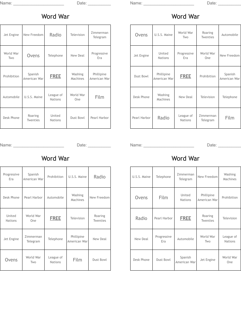 Word War Bingo Cards