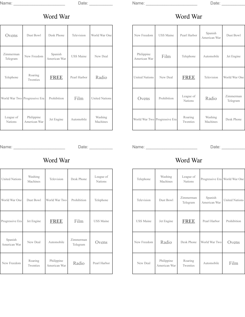 Word War  Bingo Cards