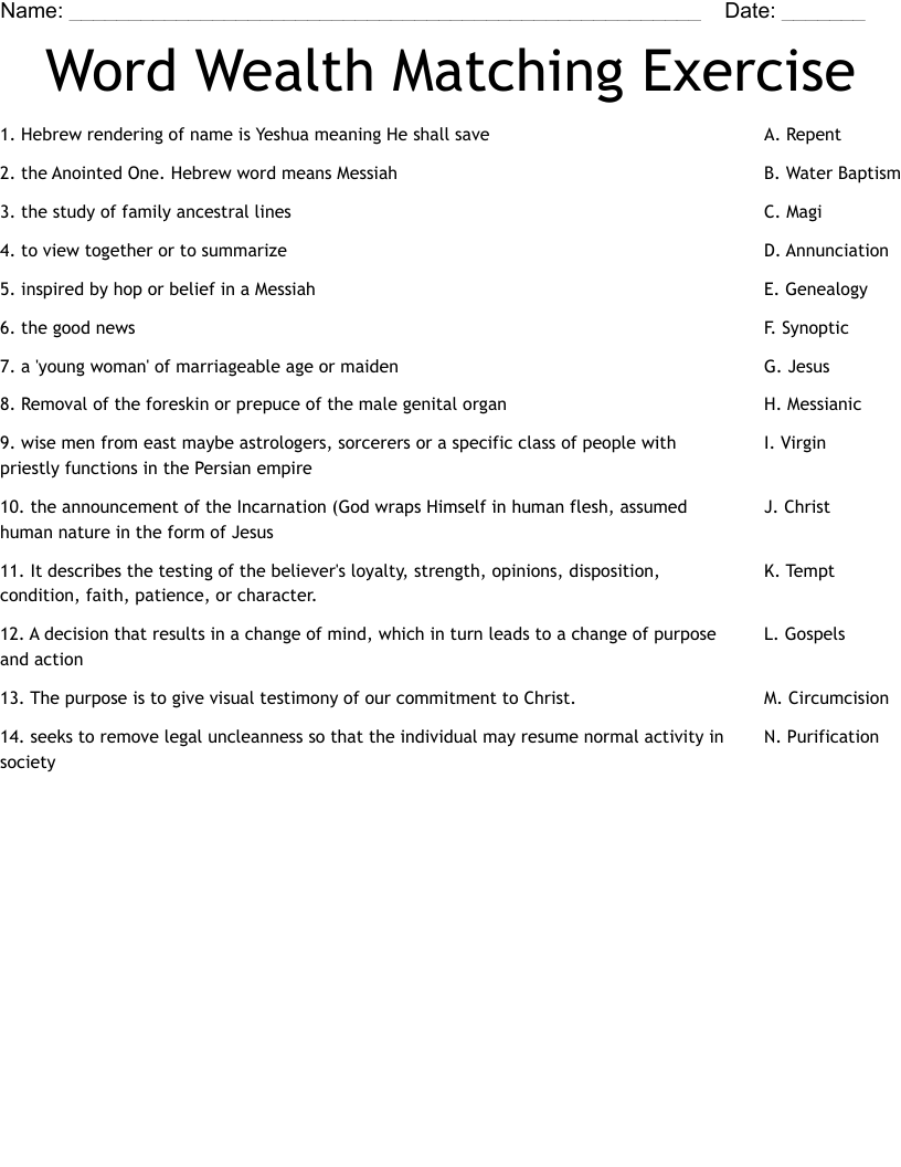 Word Wealth Matching Exercise Worksheet