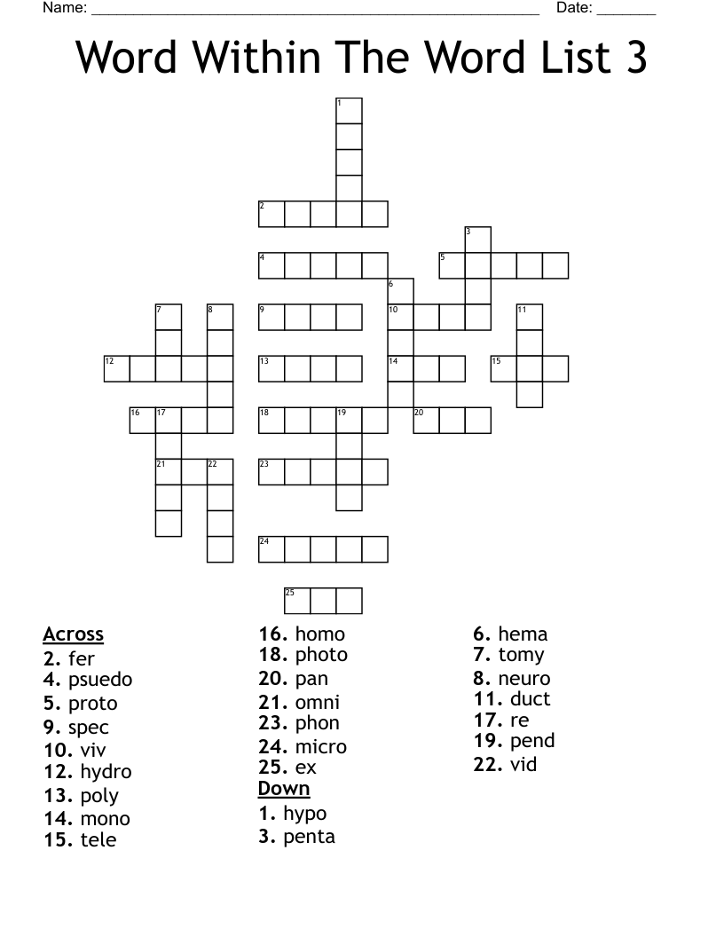 Word Within The Word List 3 Crossword