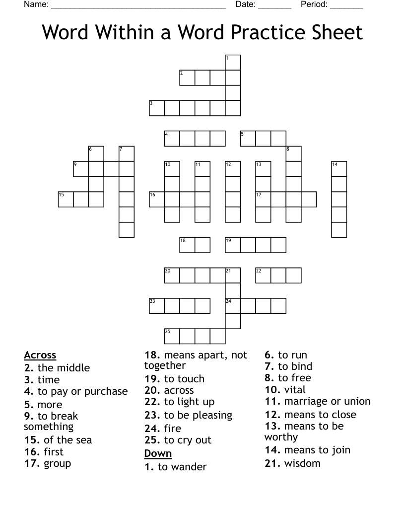 Word Within a Word Practice Sheet Crossword