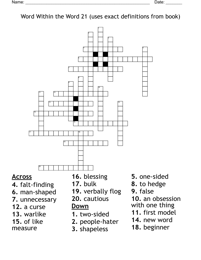 Word Within the Word 21 (uses exact definitions from book) Crossword