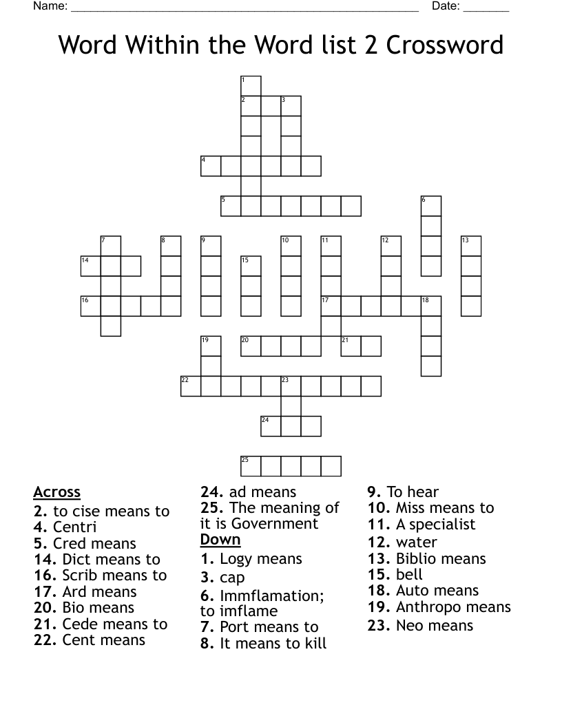 Word Within the Word list 2 Crossword