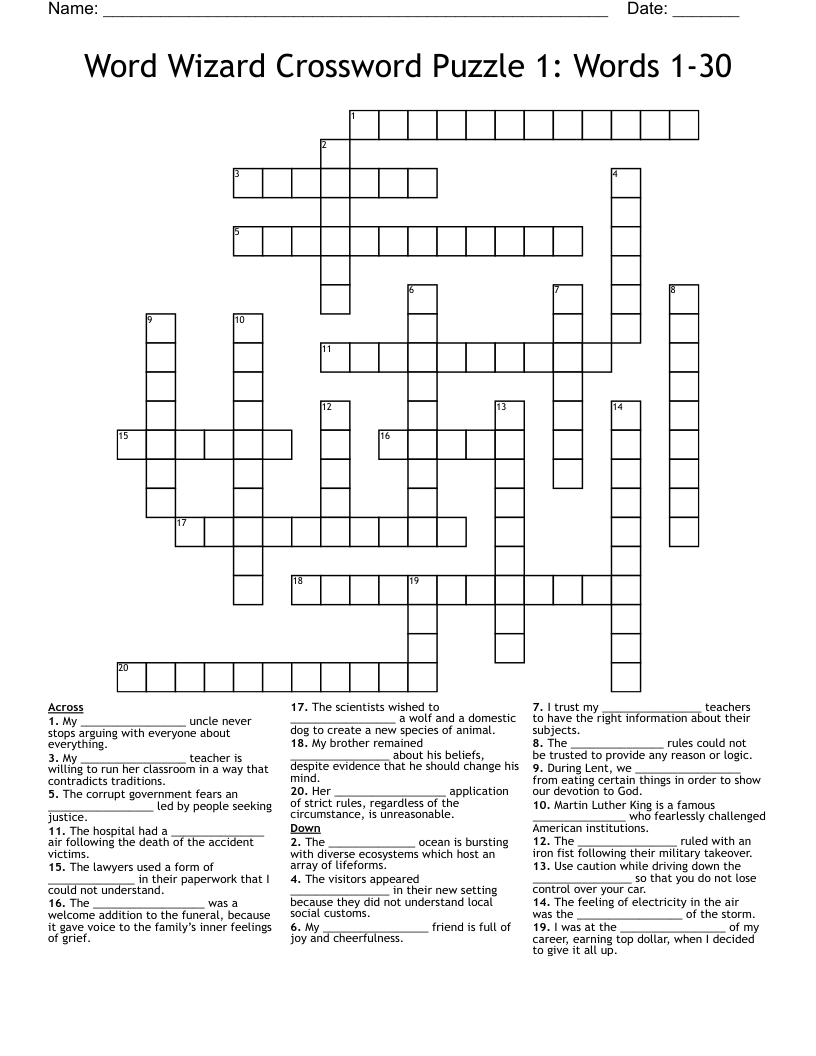 Word Wizard Crossword Puzzle 1: Words 1-30