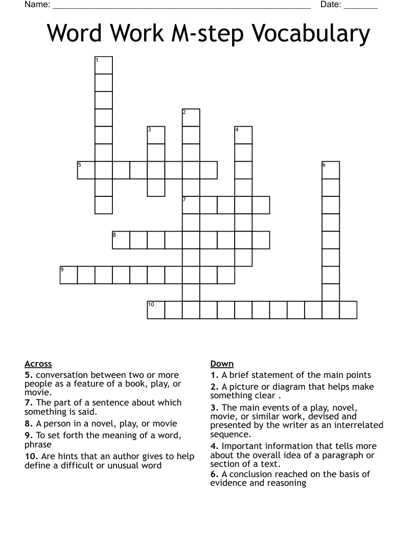 Word Work M-step Vocabulary  Crossword