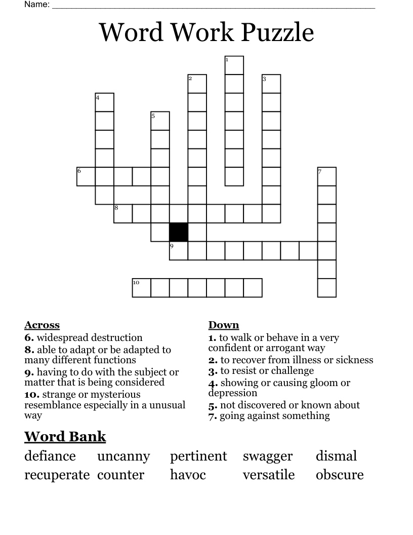 Word Work Puzzle Crossword