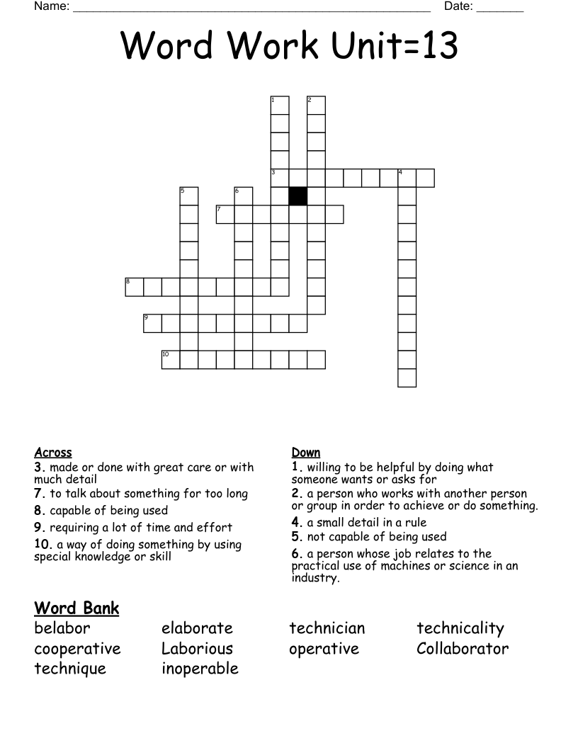 Word Work Unit=13 Crossword