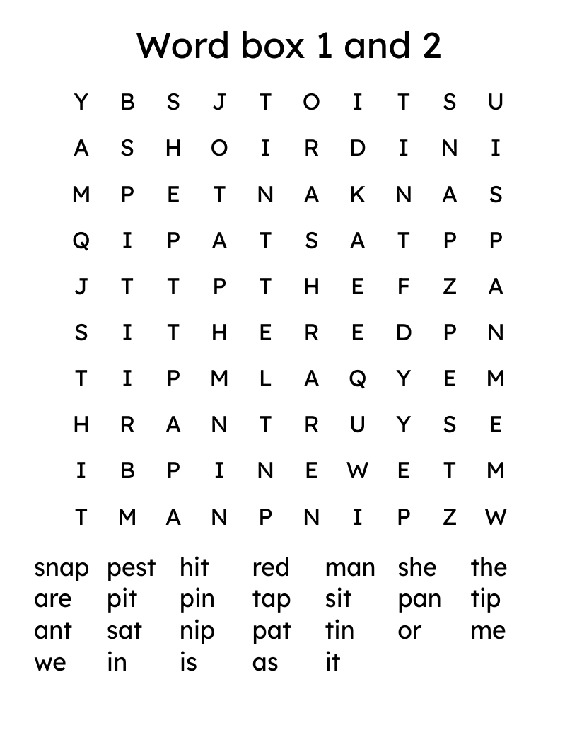 Word box 1 and 2 Word Search