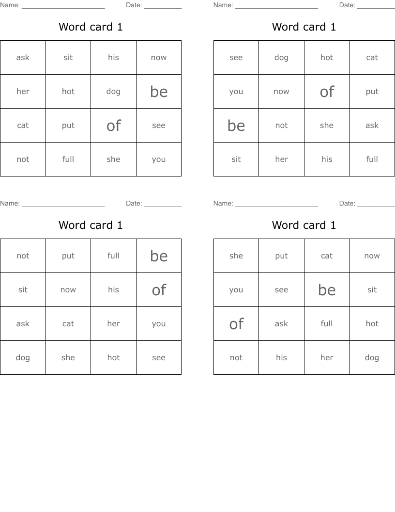 Word card 1 Bingo Cards