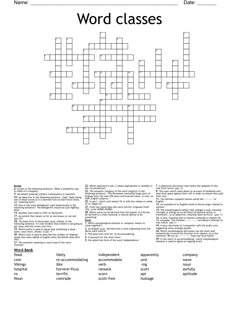 Word classes Crossword