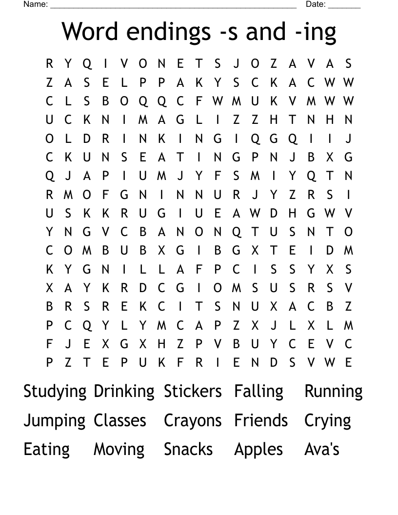 Word endings -s and -ing Word Search