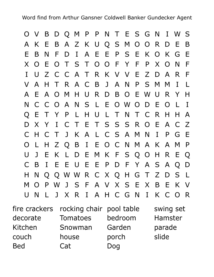 Word find from Arthur Gansner Coldwell Banker Gundecker Agent Word Search