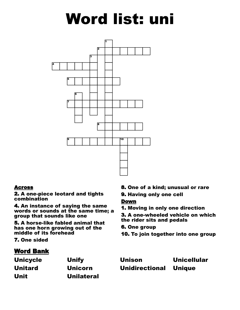 Word list: uni Crossword