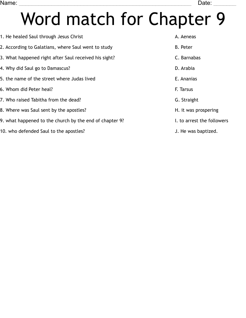 Word match for Chapter 9 Worksheet