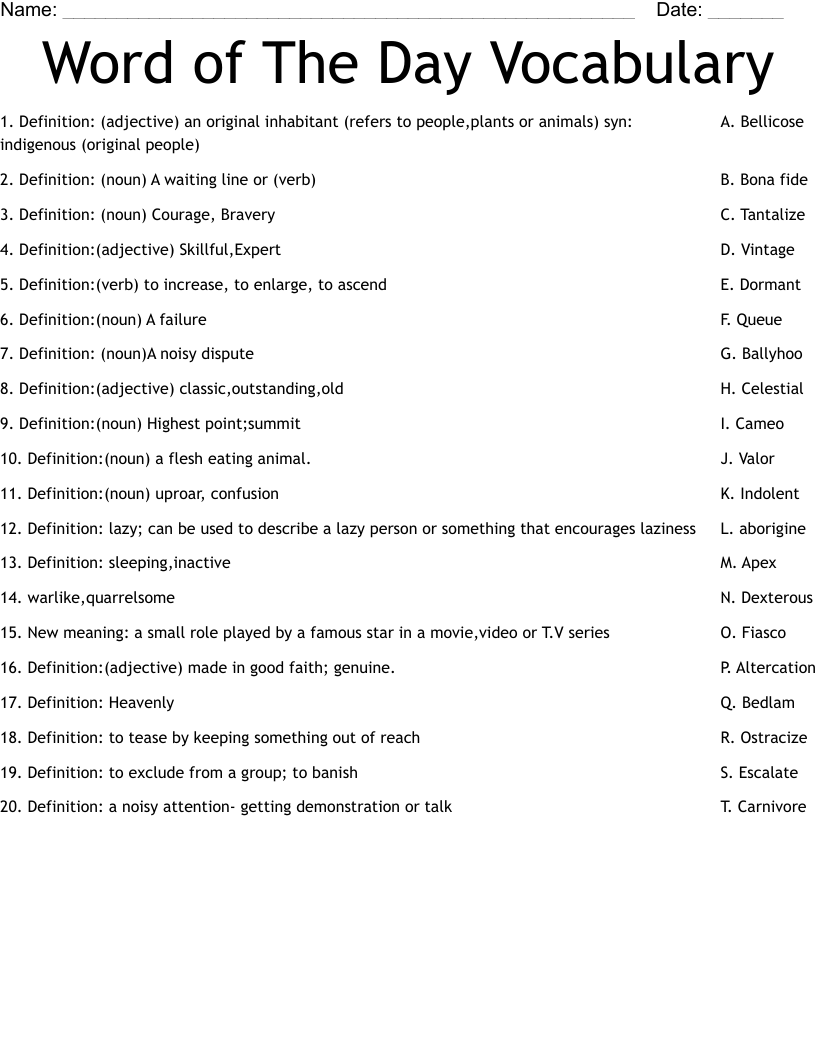 Word of The Day Vocabulary Worksheet