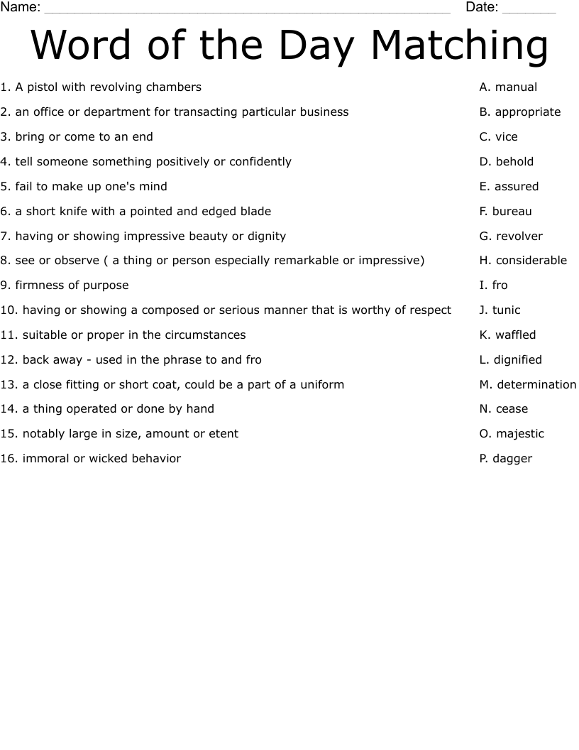 Word of the Day Matching Worksheet