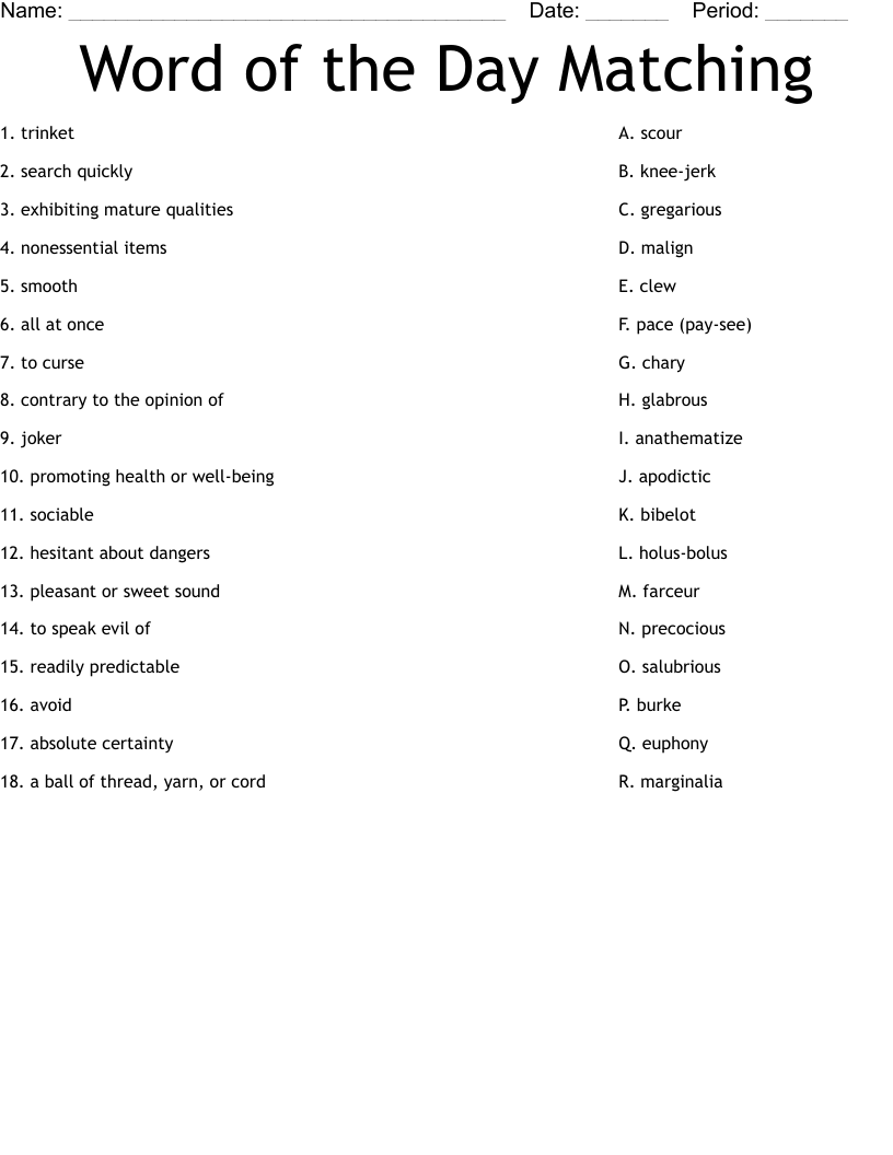 Word of the Day Matching Worksheet