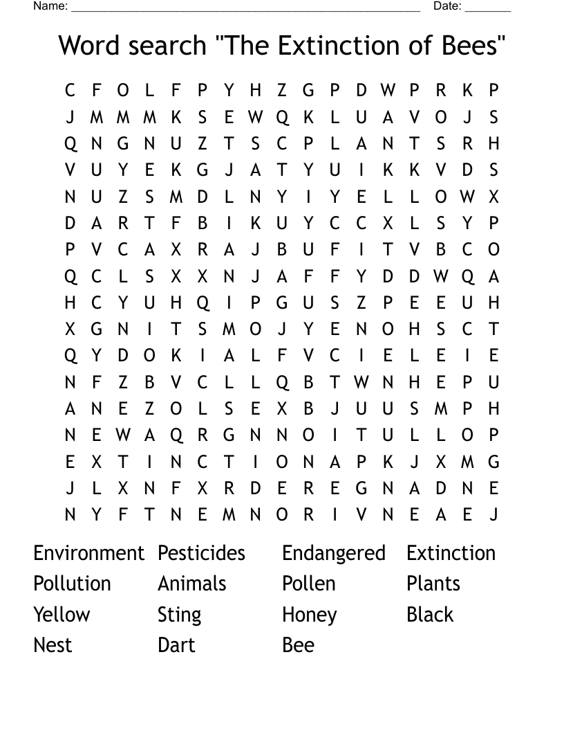 Word search ''The Extinction of Bees''