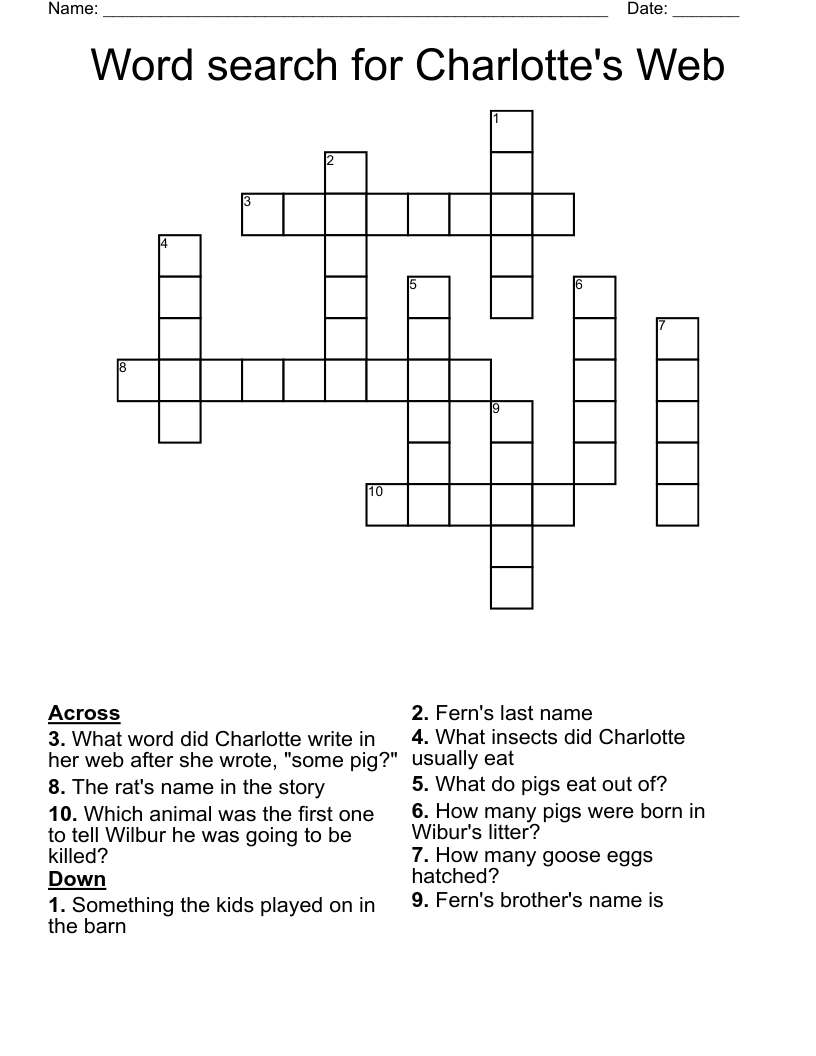 Word search for Charlotte's Web  Crossword