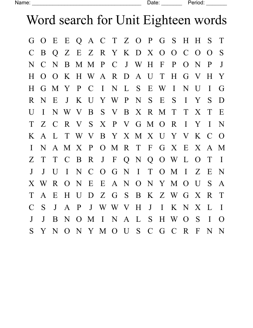 Word search for Unit Eighteen words