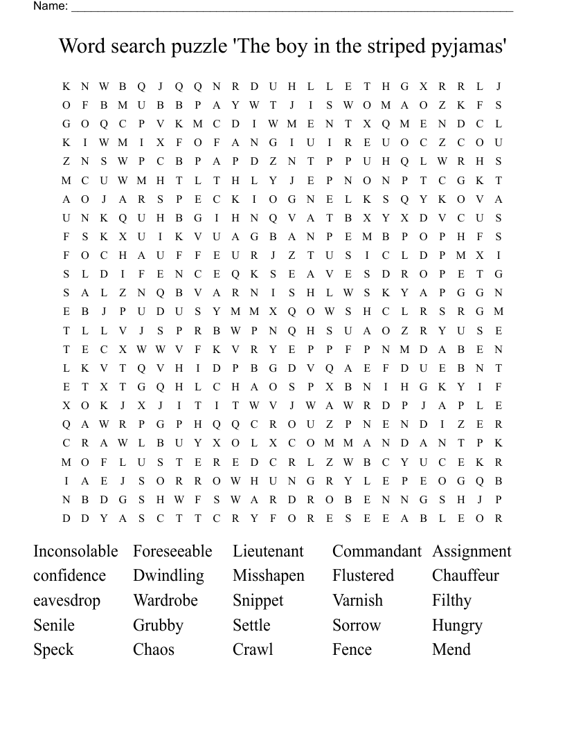 Word search puzzle 'The boy in the striped pyjamas'