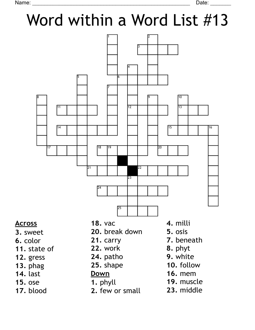 Word within a Word List #13 Crossword