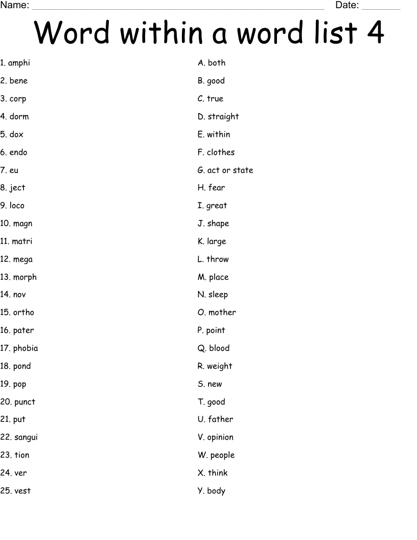 Word within a word list 4 Worksheet