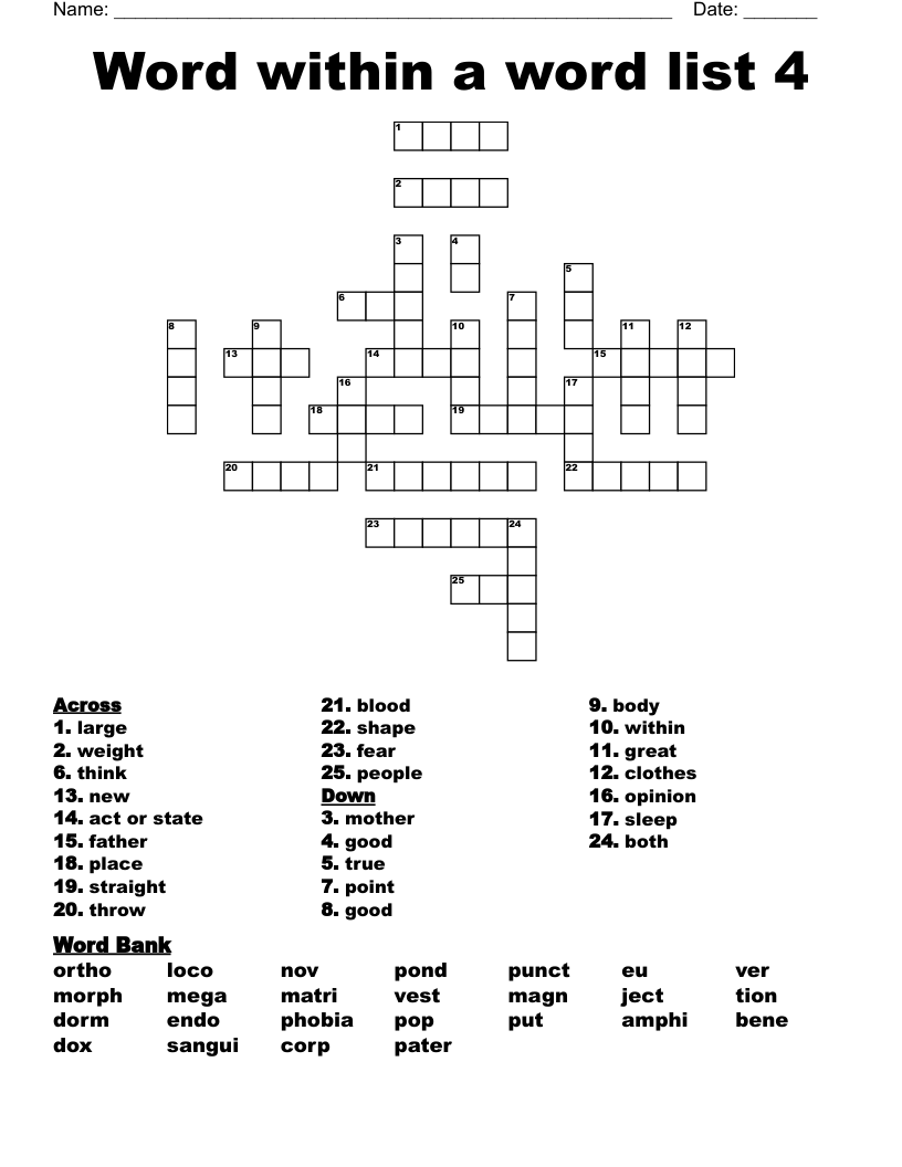 Word within a word list 4 Crossword
