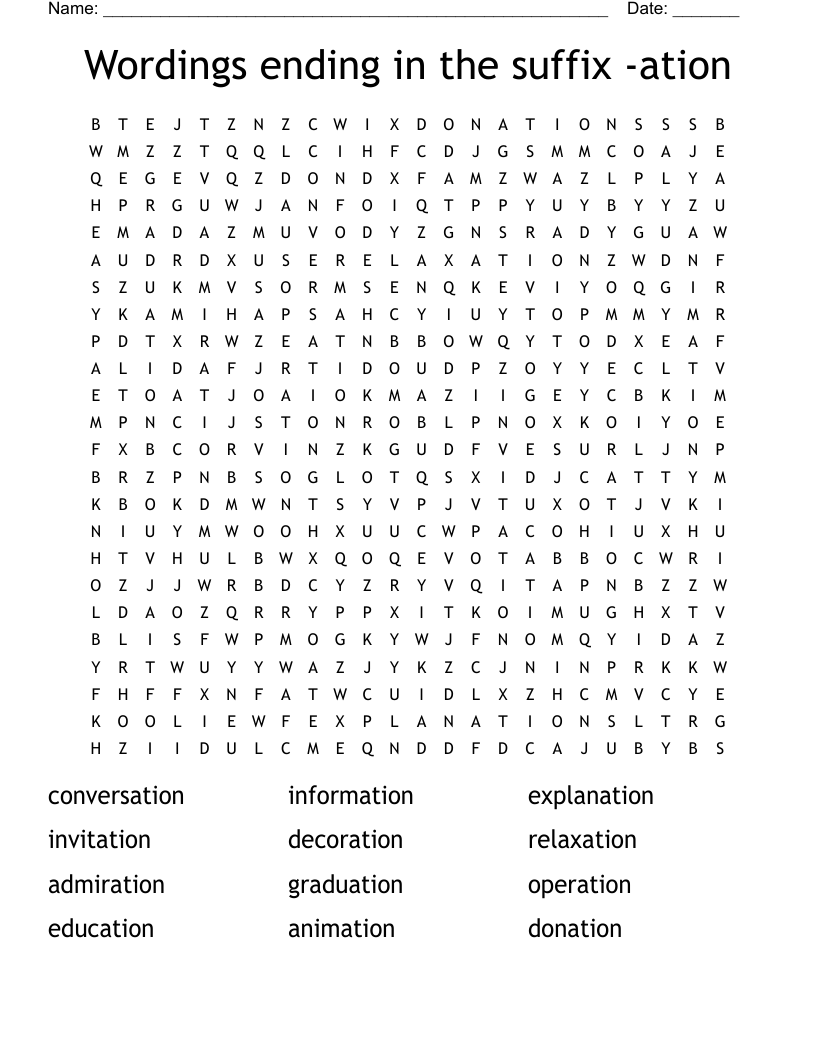 Wordings ending in the suffix -ation Word Search