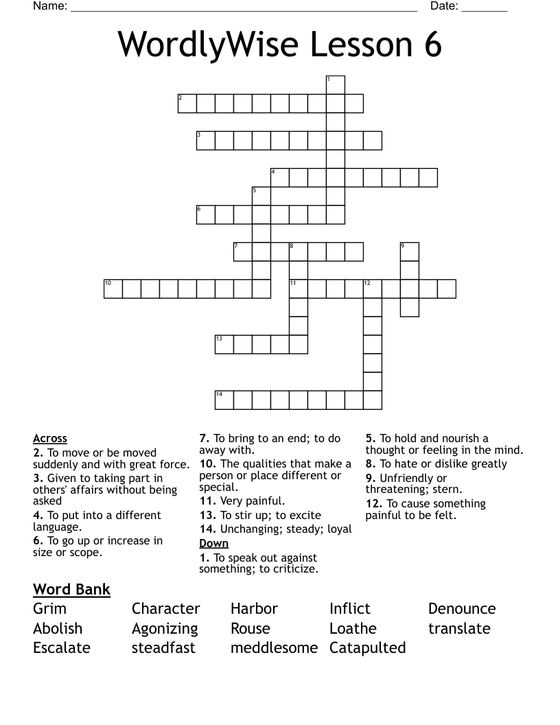 WordlyWise Lesson 6 Crossword