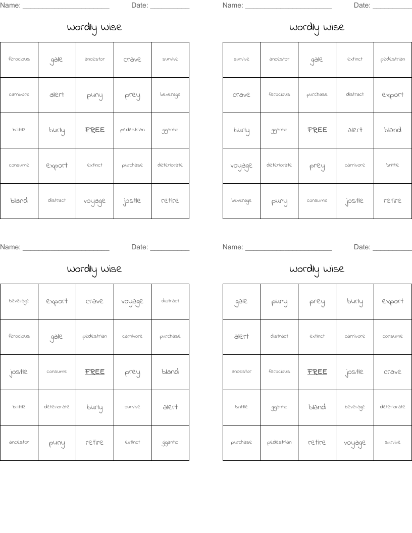 Wordly Wise Bingo Cards