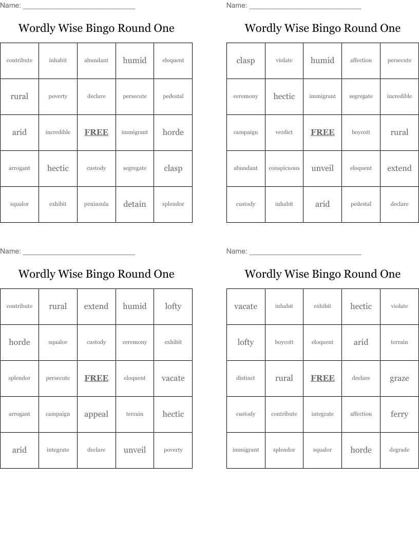 Wordly Wise Bingo Round One