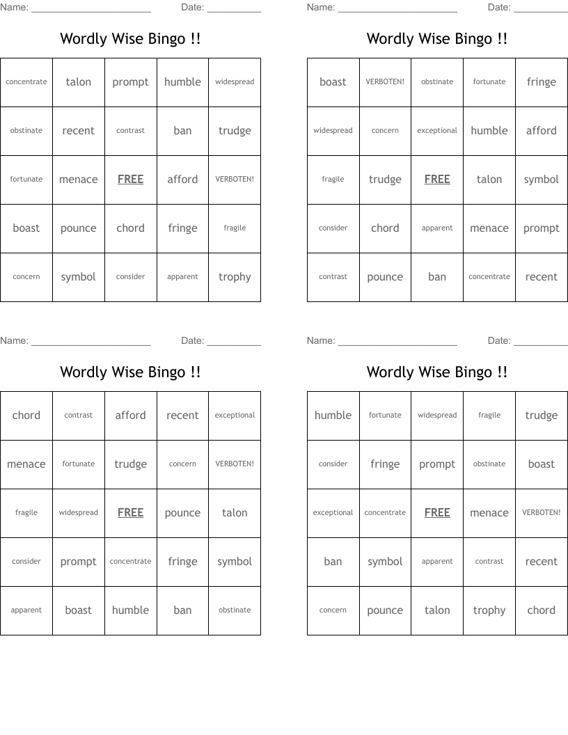 Wordly Wise Bingo !!