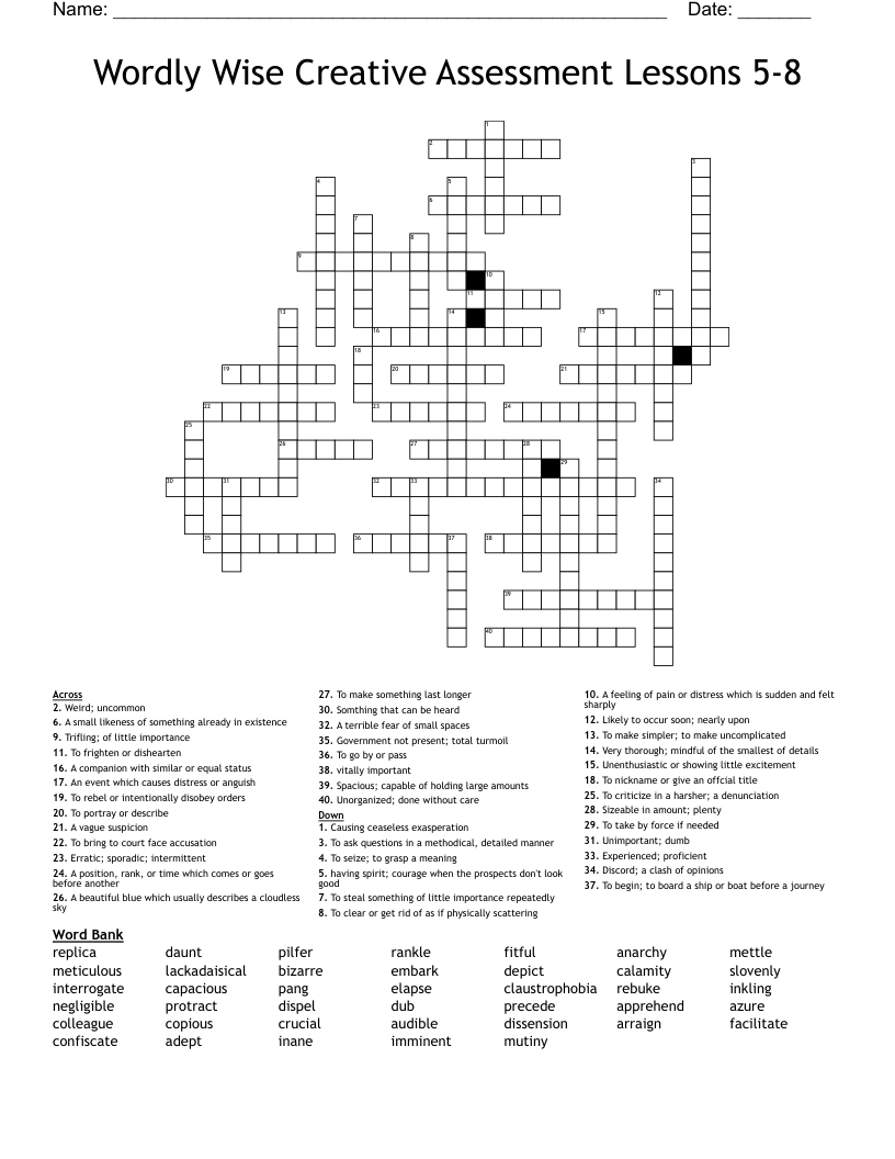 Wordly Wise Creative Assessment Lessons 5-8 Crossword