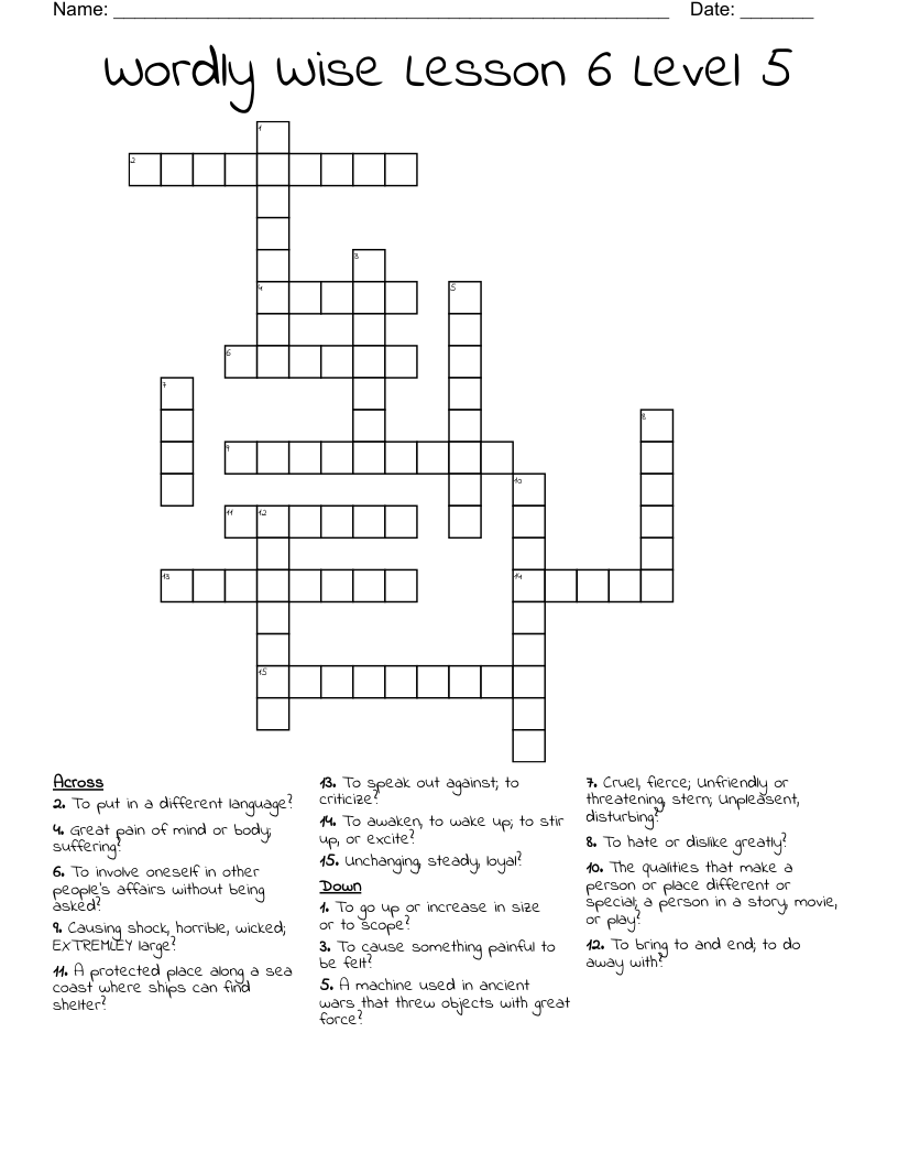 Wordly Wise Lesson 6 Level 5 Crossword