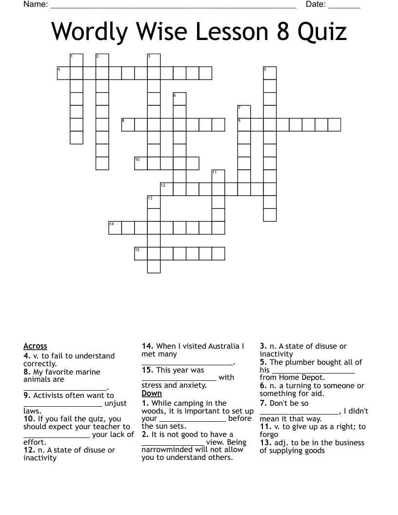 Wordly Wise Lesson 8 Quiz Crossword