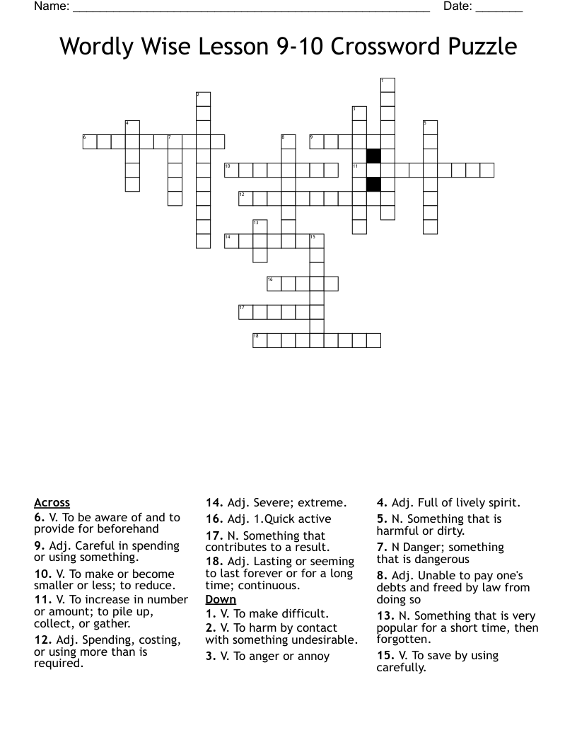 Wordly Wise Lesson 9-10 Crossword Puzzle