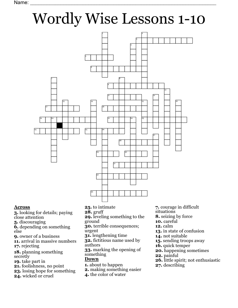Wordly Wise Lessons 1-10 Crossword
