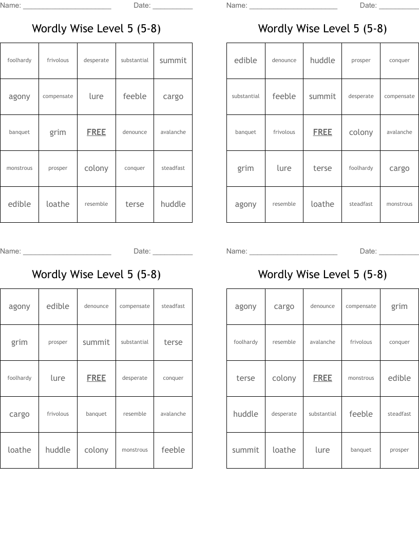 Wordly Wise Level 5 (5-8) Bingo Cards