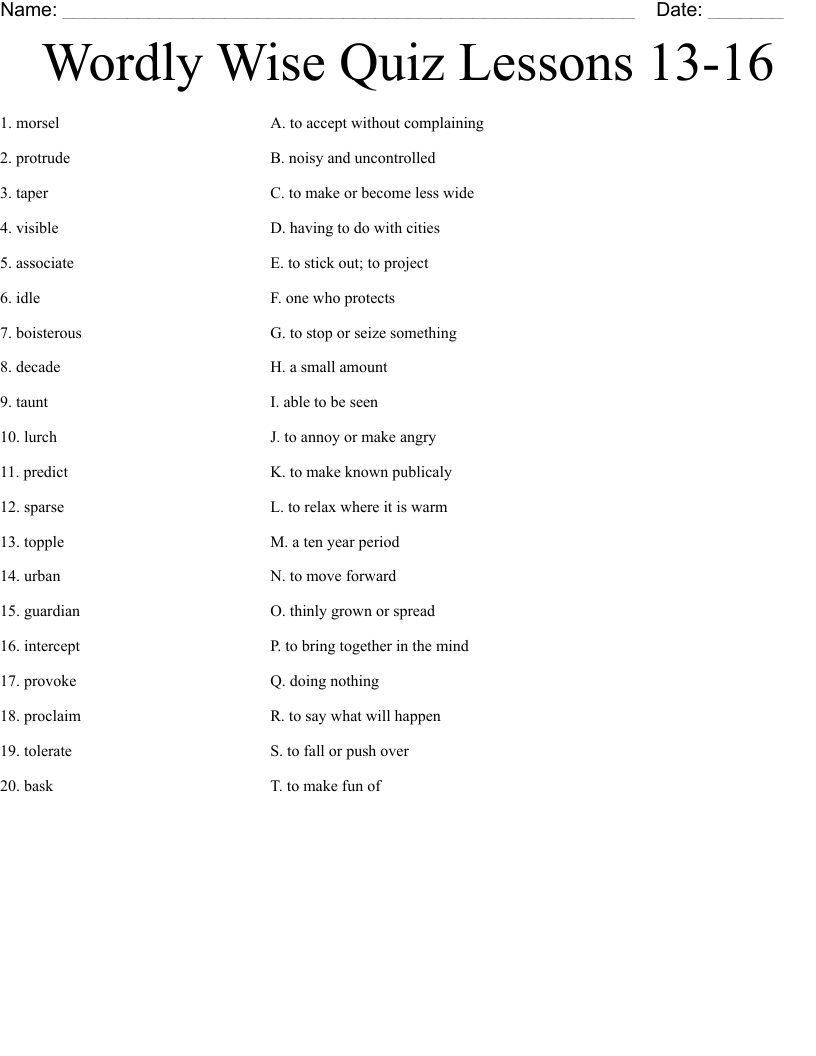 Wordly Wise Quiz Lessons 13-16 Worksheet