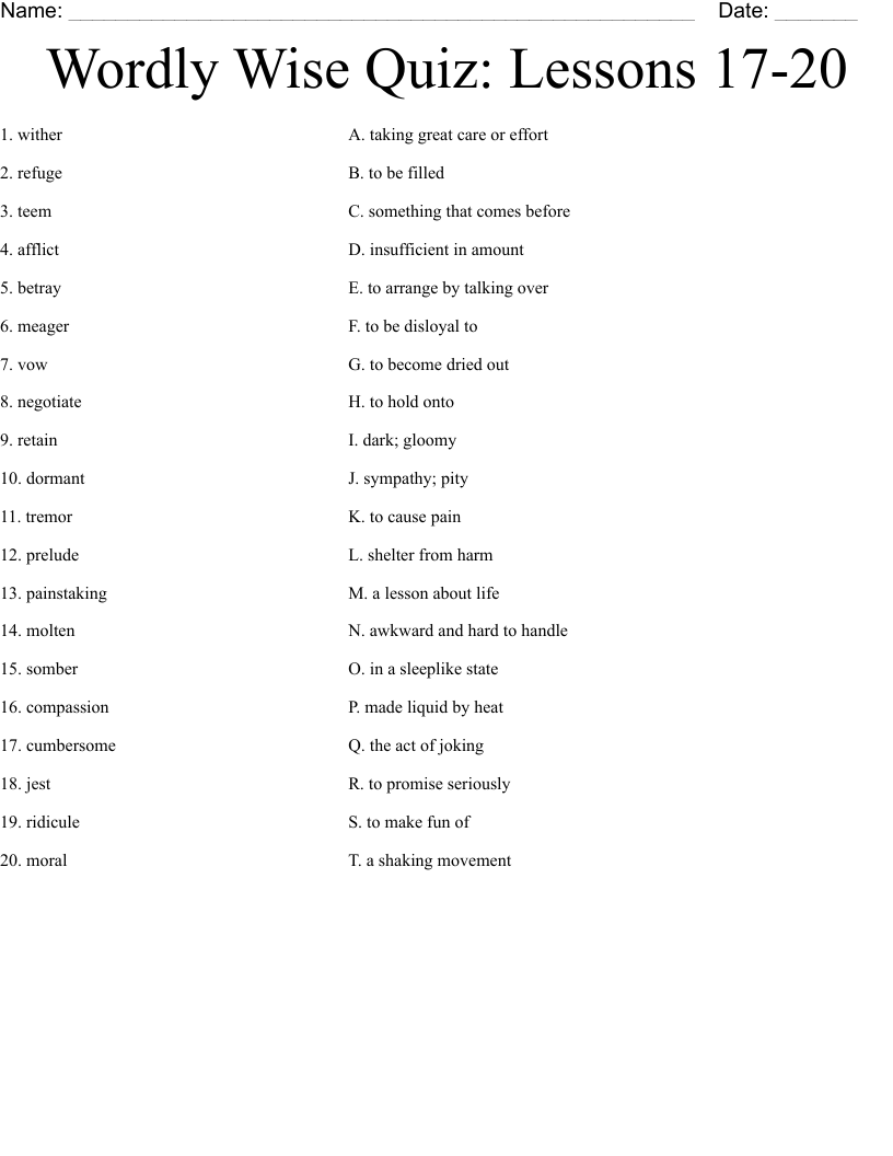 Wordly Wise Quiz: Lessons 17-20 Worksheet