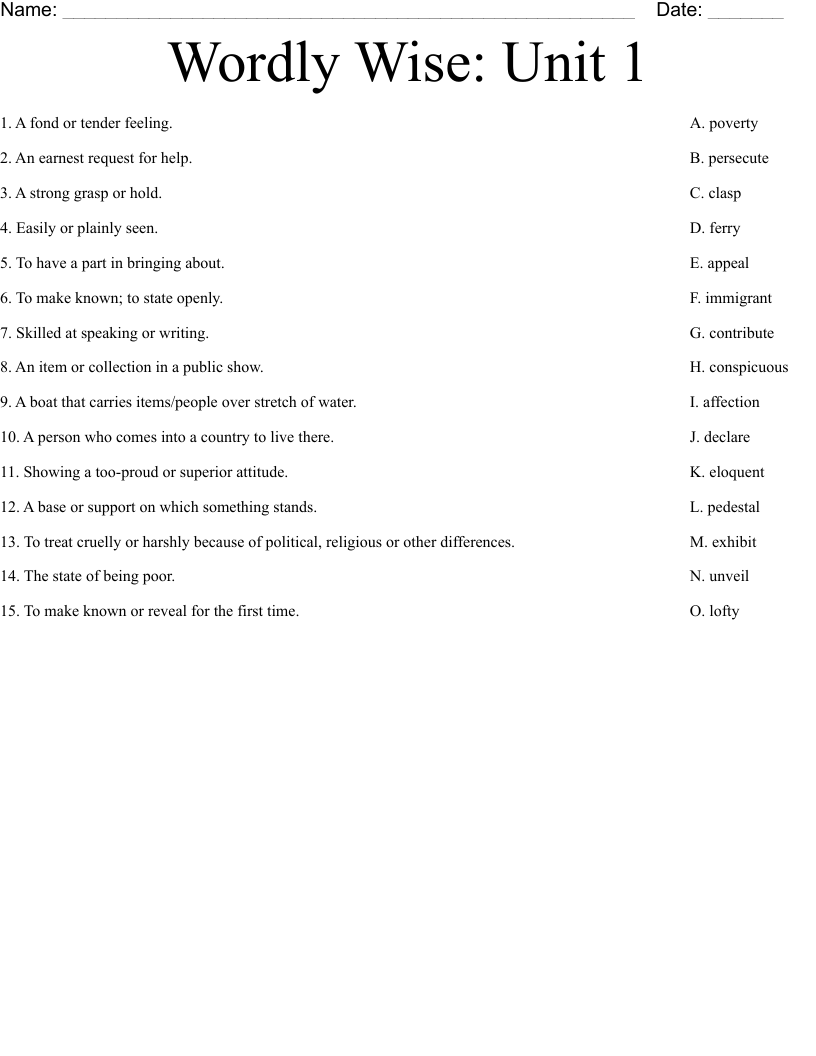 Wordly Wise: Unit 1 Worksheet