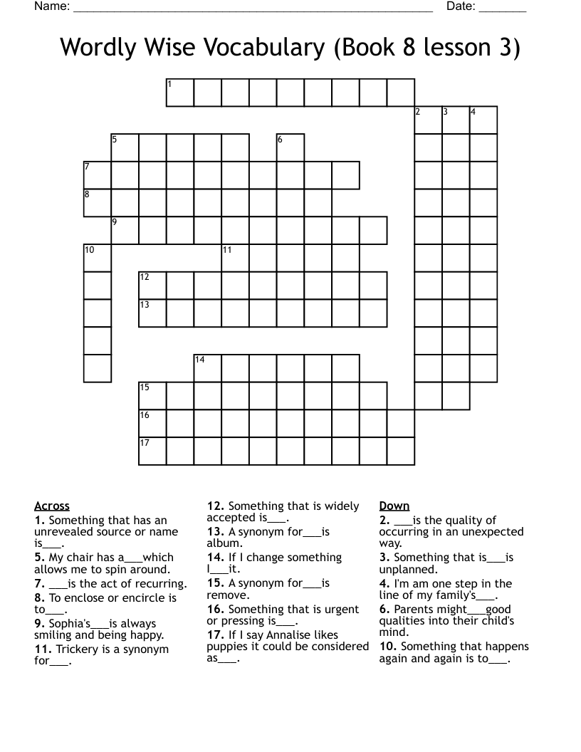Wordly Wise Vocabulary (Book 8 lesson 3) Crossword