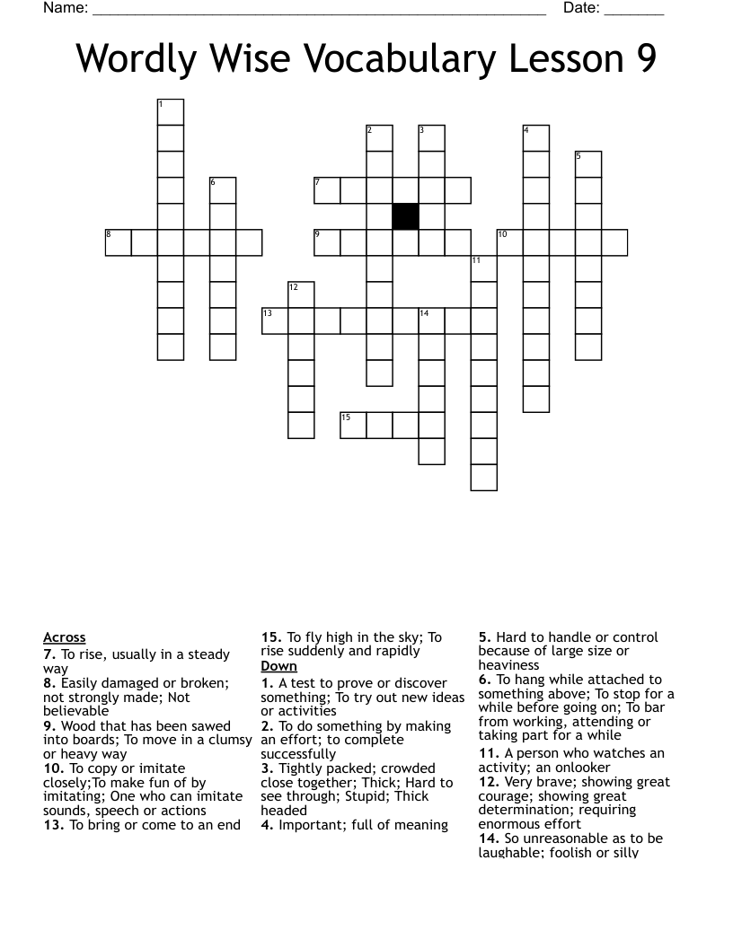 Wordly Wise Vocabulary Lesson 9 Crossword
