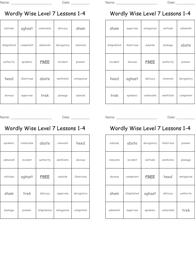 Wordly Wise  Level 7 Lessons 1-4 Bingo Cards