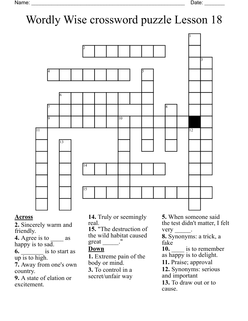 Wordly Wise crossword puzzle Lesson 18